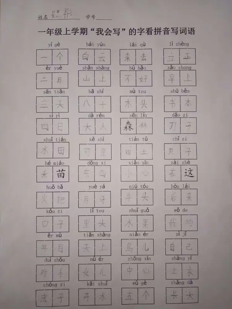 铁小一三班一年级上学期“我会写”的字看拼音写词语优秀作品展(2018年1月)